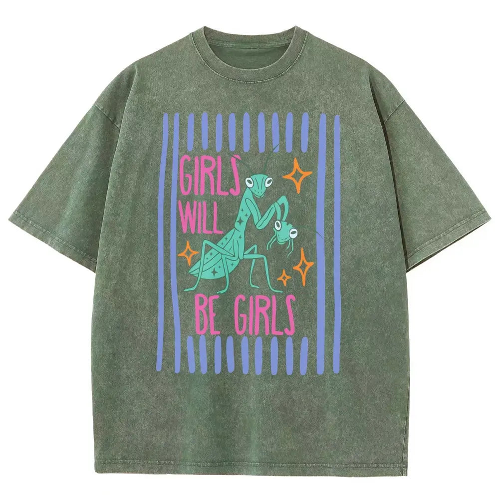 Men's Cotton Casual Unisex Menswear Top - Fitted Round Neck Washed Funny T-Shirt, Girls Will Be Girls Mantis Cartoon Print, Feminist Bug Design, Gift for Insect Lovers