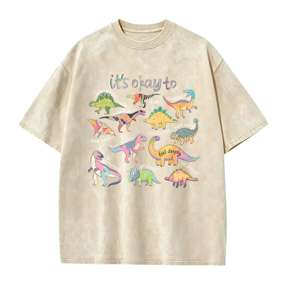 Women's Fitted Short-Sleeve Autism Awareness T-Shirt - Smooth, Seamless Fabric, Vibrant Graphics, "It’s Ok To Be Different" Dinosaur Design, Neurodiversity Gift for SPED Teachers