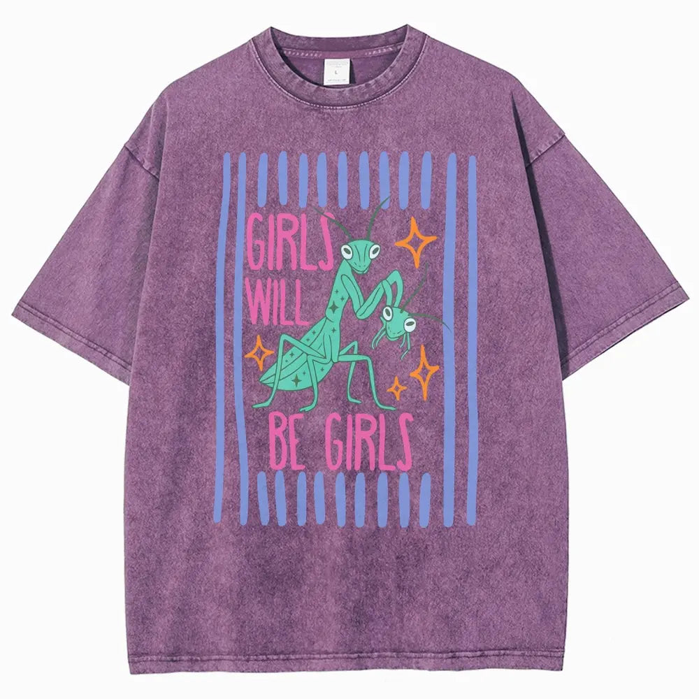 Men's Cotton Casual Unisex Menswear Top - Fitted Round Neck Washed Funny T-Shirt, Girls Will Be Girls Mantis Cartoon Print, Feminist Bug Design, Gift for Insect Lovers