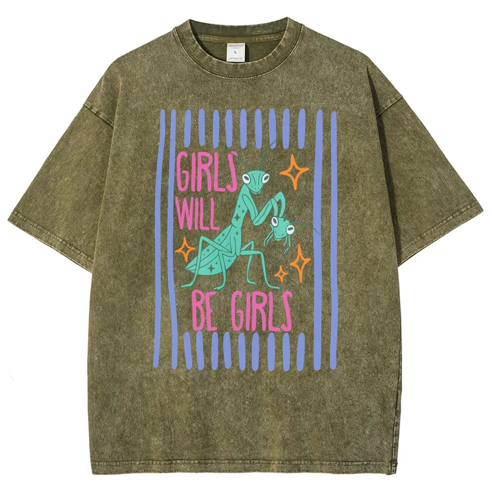 Men's Cotton Casual Unisex Menswear Top - Fitted Round Neck Washed Funny T-Shirt, Girls Will Be Girls Mantis Cartoon Print, Feminist Bug Design, Gift for Insect Lovers