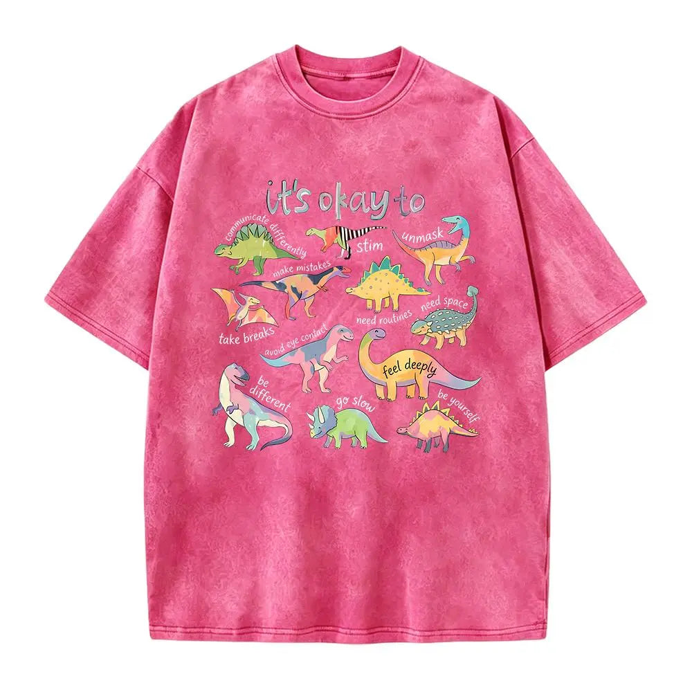 Women's Fitted Short-Sleeve Autism Awareness T-Shirt - Smooth, Seamless Fabric, Vibrant Graphics, "It’s Ok To Be Different" Dinosaur Design, Neurodiversity Gift for SPED Teachers