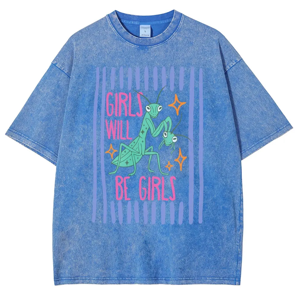 Men's Cotton Casual Unisex Menswear Top - Fitted Round Neck Washed Funny T-Shirt, Girls Will Be Girls Mantis Cartoon Print, Feminist Bug Design, Gift for Insect Lovers