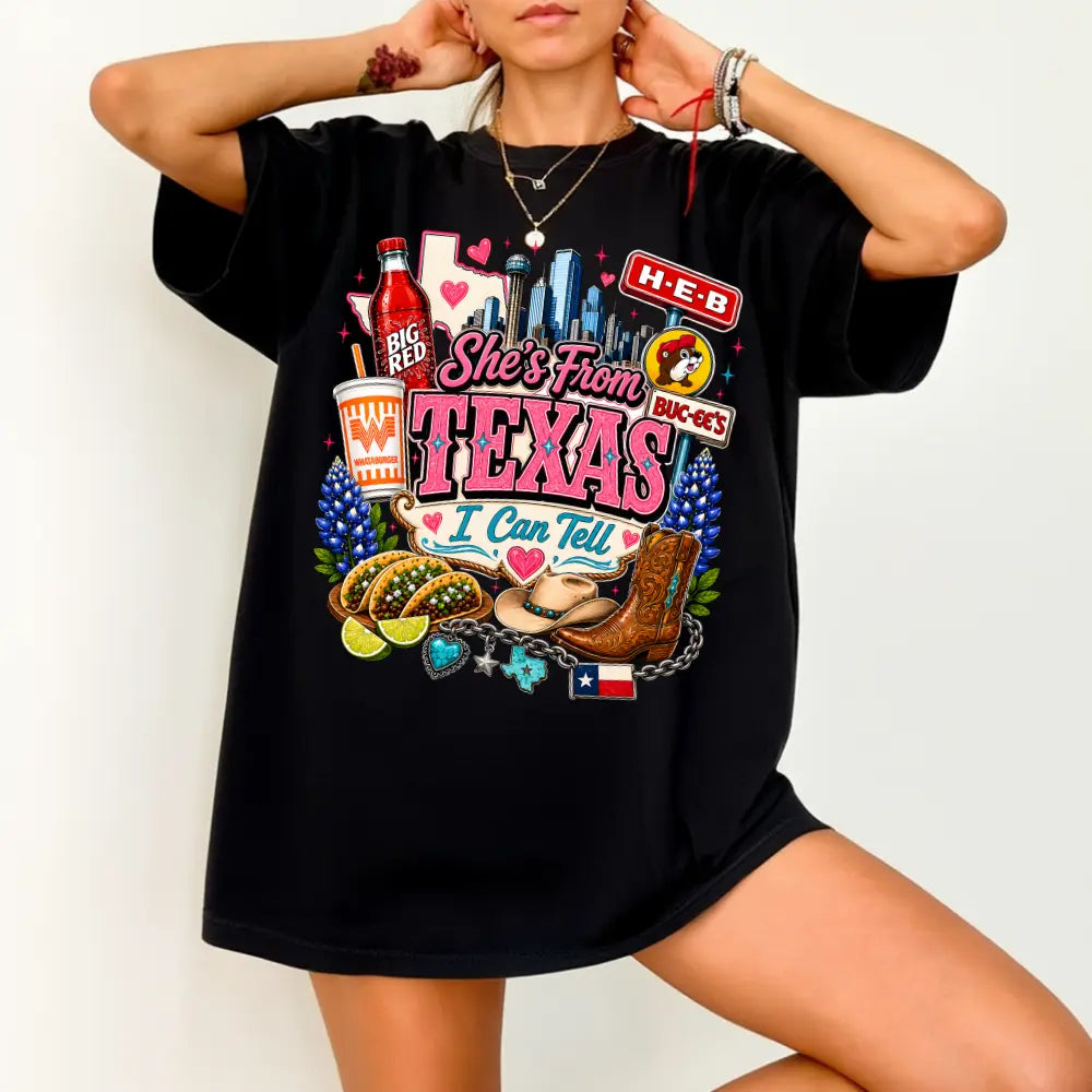 Vintage She's From Texas Retro Graphic Shirt - Cotton Round-Neck Full-Color Printed Sweatshirt, Loose Casual Game Day Basketball Fan Tee, Unisex Sizes S-3XL, Soft Durable Advanced Print
